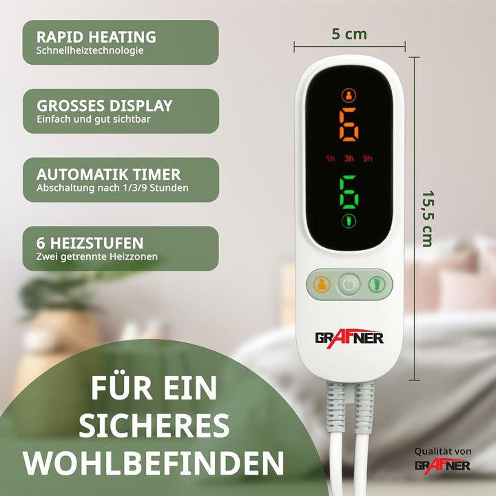 Grafner XL 2 Zonen Wärmeunterbett 190 x 90 cm, 2 steuerbare Zonen: Körper und Füsse, LED Fernbedienu