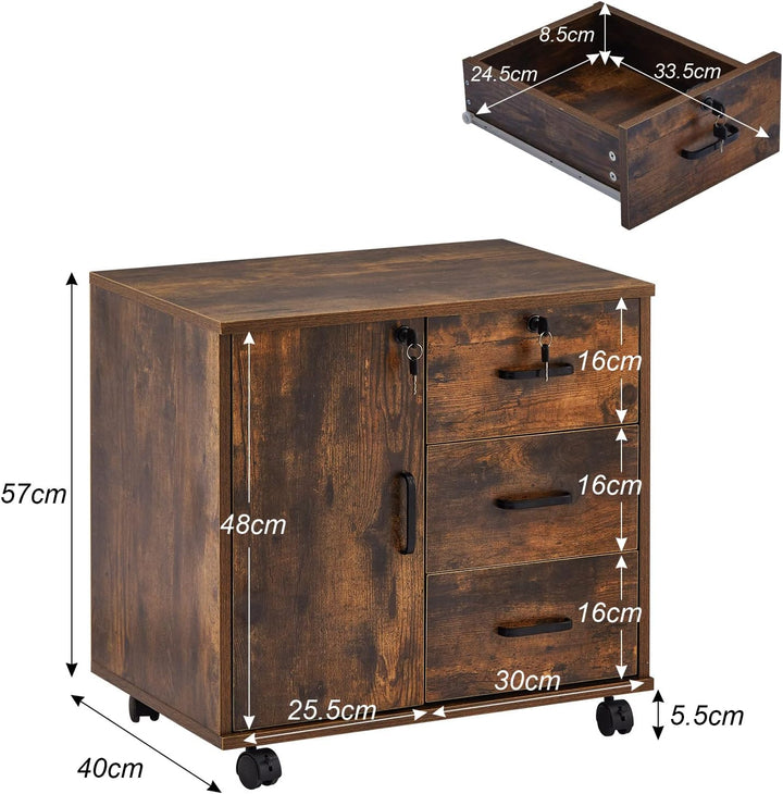 ZBAOLTO Rollcontainer Aktenschrank aus Holz, Abschliessbar Büroschrank mit 3 Schubladen und Tür, Ver