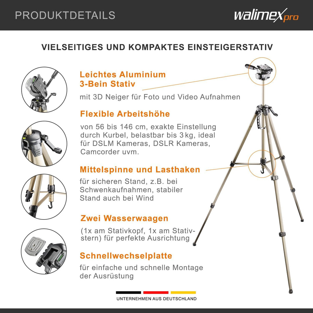 Walimex pro WT-3530 Basic-Stativ 146 cm bronzefarben, Dreibein Fotostativ höhenverstellbar 56-146 cm