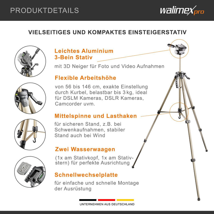 Walimex pro WT-3530 Basic-Stativ 146 cm bronzefarben, Dreibein Fotostativ höhenverstellbar 56-146 cm
