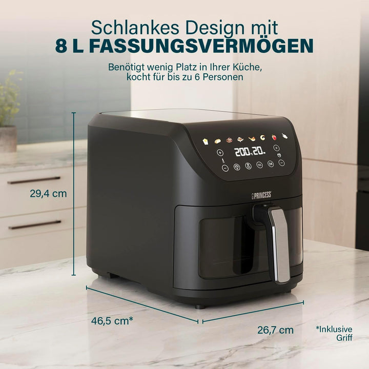 Princess SlimFry Airfryer, 8L Fassungsvermögen, 2000W, 8 Programme, Digitales Touchscreen, Einstellb