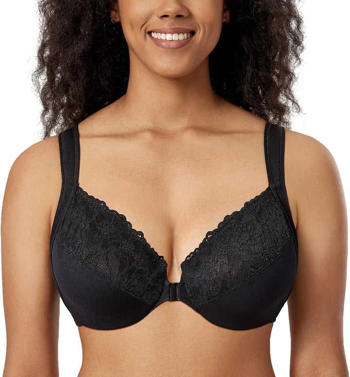 DELIMIRA Damen BH mit Vorderverschluss Bügel Spitzen BHS Grosse Brüste Soft Vollschalen Ungefüttert