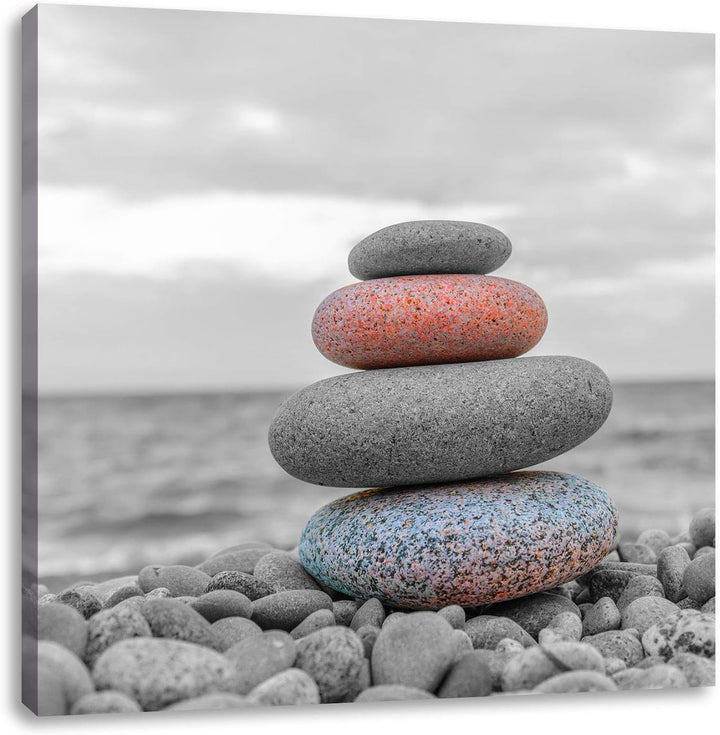 Pixxprint Steinturm auf Steinen als Leinwandbild/Grösse: 70x70 cm/Wandbild/Kunstdruck/fertig bespann