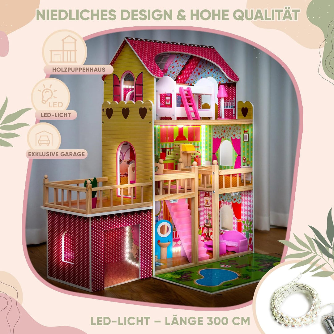Kinderplay Puppenhaus Holz Gross, Puppenvilla, Puppenhaus Holz Gross komplett - Barbie Traumvilla, B