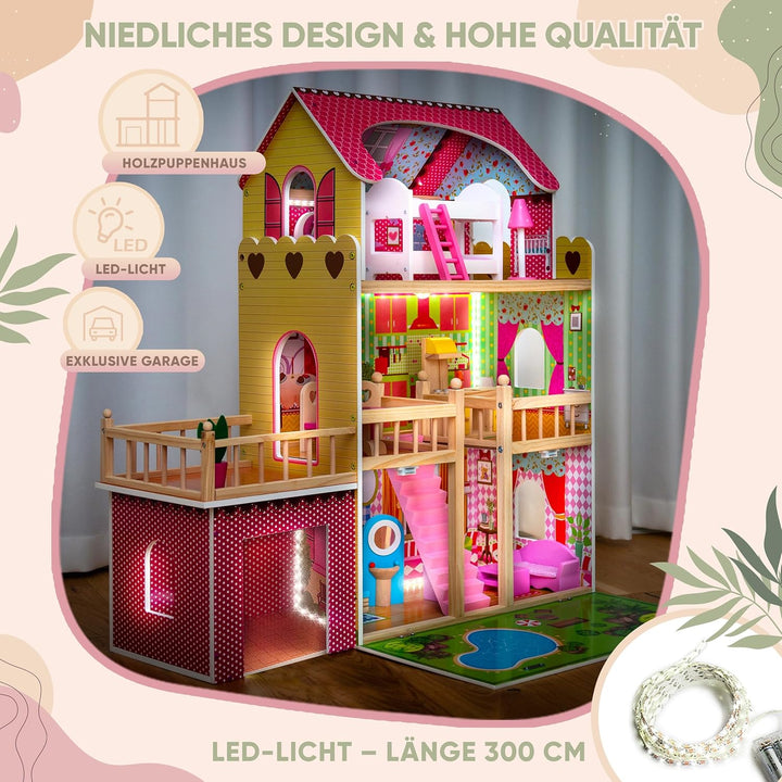 Kinderplay Puppenhaus Holz Gross, Puppenvilla, Puppenhaus Holz Gross komplett - Barbie Traumvilla, B