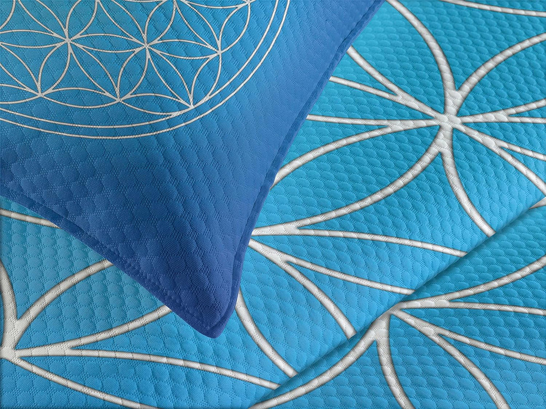 ABAKUHAUS Blau Tagesdecke Set, Blume des Lebens, Set mit Kissenbezügen Sommerdecke, für Einzelbetten