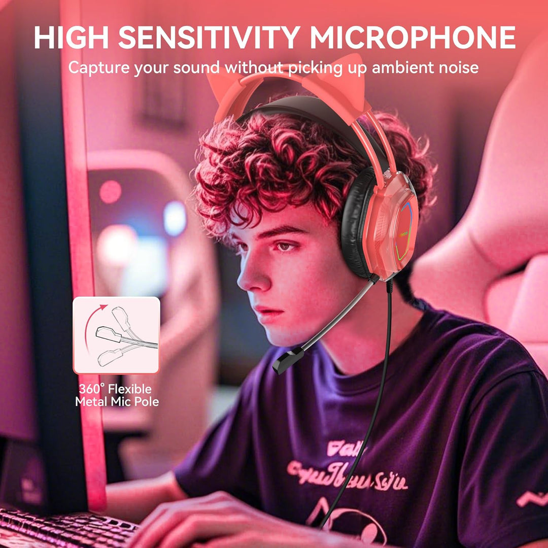 Wantak Katzenohr Kopfhörer mit Mikrofon – Kabel (3,5mm/USB) – Gaming Headset für PC/PS5/Xbox – Noise