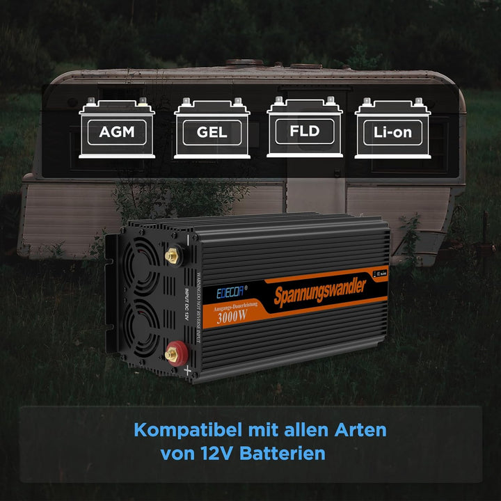 EDECOA Wechselrichter 3000w 12v 230v Spannungswandler mit Neuer Fernbedienung 2X USB und Bildschirm