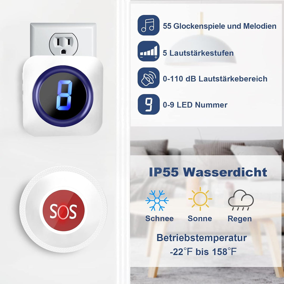 Notrufknopf für Senioren Wasserdicht Panikalarm Caregiver Pager SOS Hausnotruf, Funkklingel 300m Rei