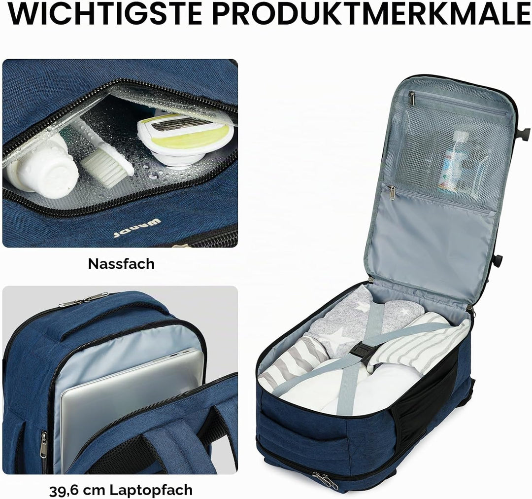 WANDF Handgepäck Rucksack 40x20x25cm für Ryanair Airlines, Untersitz-Reise-Handgepäck-Tasche mit Nas