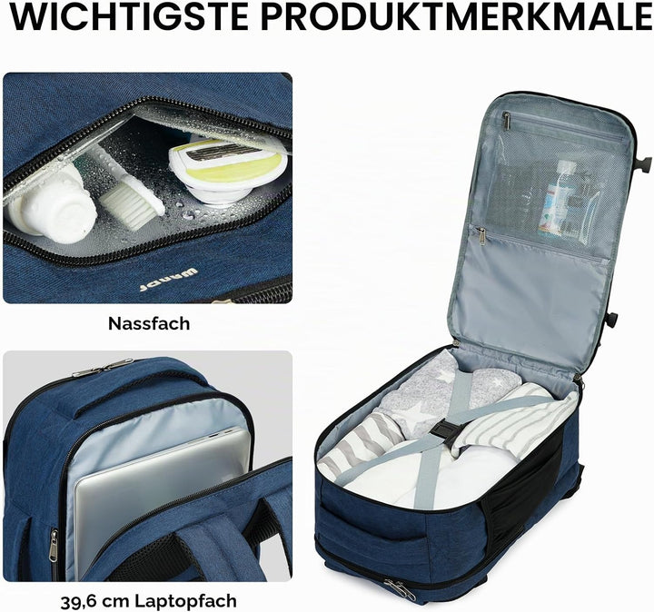 WANDF Handgepäck Rucksack 40x20x25cm für Ryanair Airlines, Untersitz-Reise-Handgepäck-Tasche mit Nas