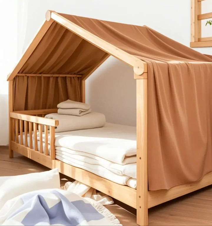 Hausbett Himmel, Hausbett Deko Set, 100% Bio-Musselin Baumwolle, Stoffhimmel für Hausbett Deko Mädch