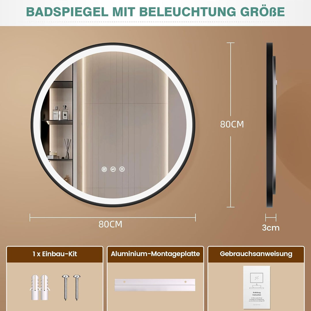 80cm Badezimmerspiegel mit Beleuchtung – Spiegel Schwarzer Rahmen, Antibeschlag, Dimmbar, 3 Lichtfar