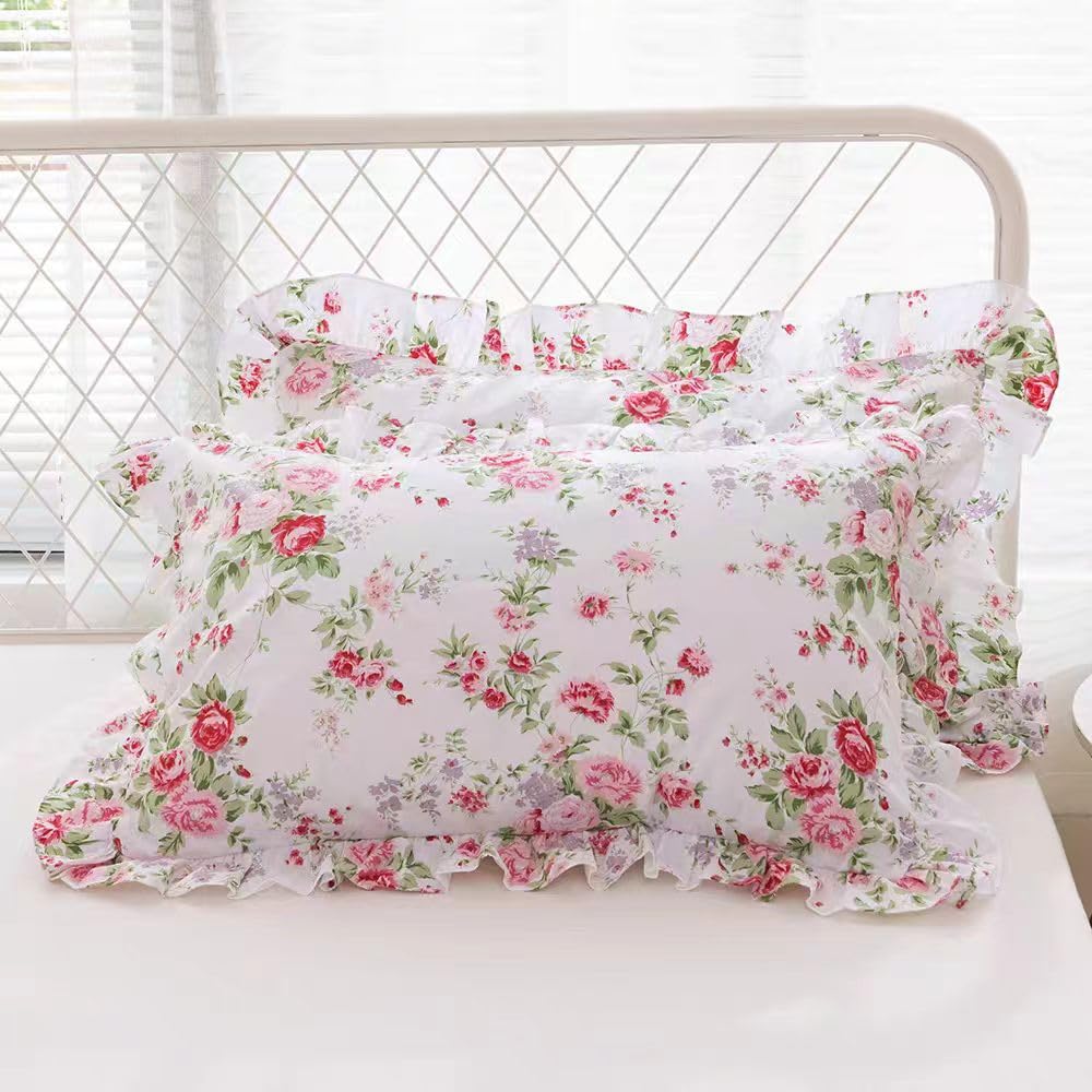 Meaning4 Kissenbezüge mit Rosen-Blumenmuster, mit Rüschen, Shabby Chic, Queen-Size-Kissenbezüge, 50