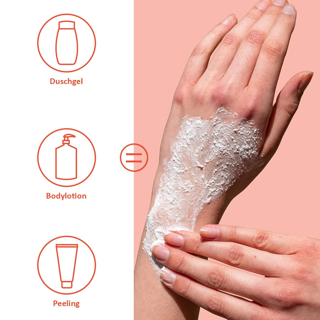 puremetics 3in1 Dusch-Fluff Mandelmilch mit Zuckerpeeling, 250g Duschgel, Peeling und Lotion in Eine
