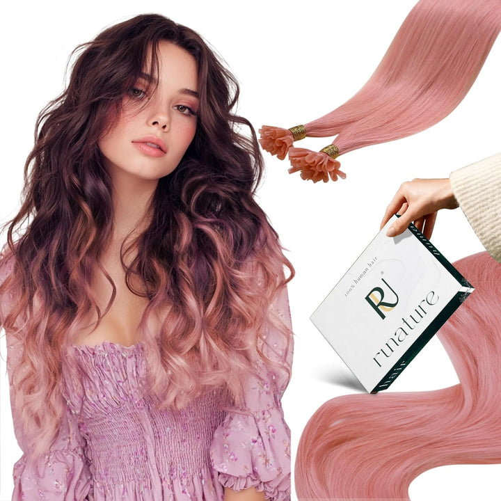 RUNATURE Bonding Extensions Echthaar Pink 35cm Remy Rosa Haarverlängerungen Keratin Extensions Echth