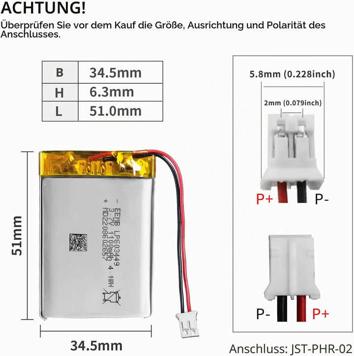 4XEEMB 3.7V 1100mAh Lipo Batterie Akku 603449 Lithium Polymer Batterien mit JST Stecker.Stellen Sie