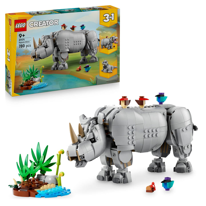 LEGO Creator 3in1 Wilde Tiere: Prächtiges Nashorn mit Vögeln - Kinder Spielzeug mit Tierfigur - Figu