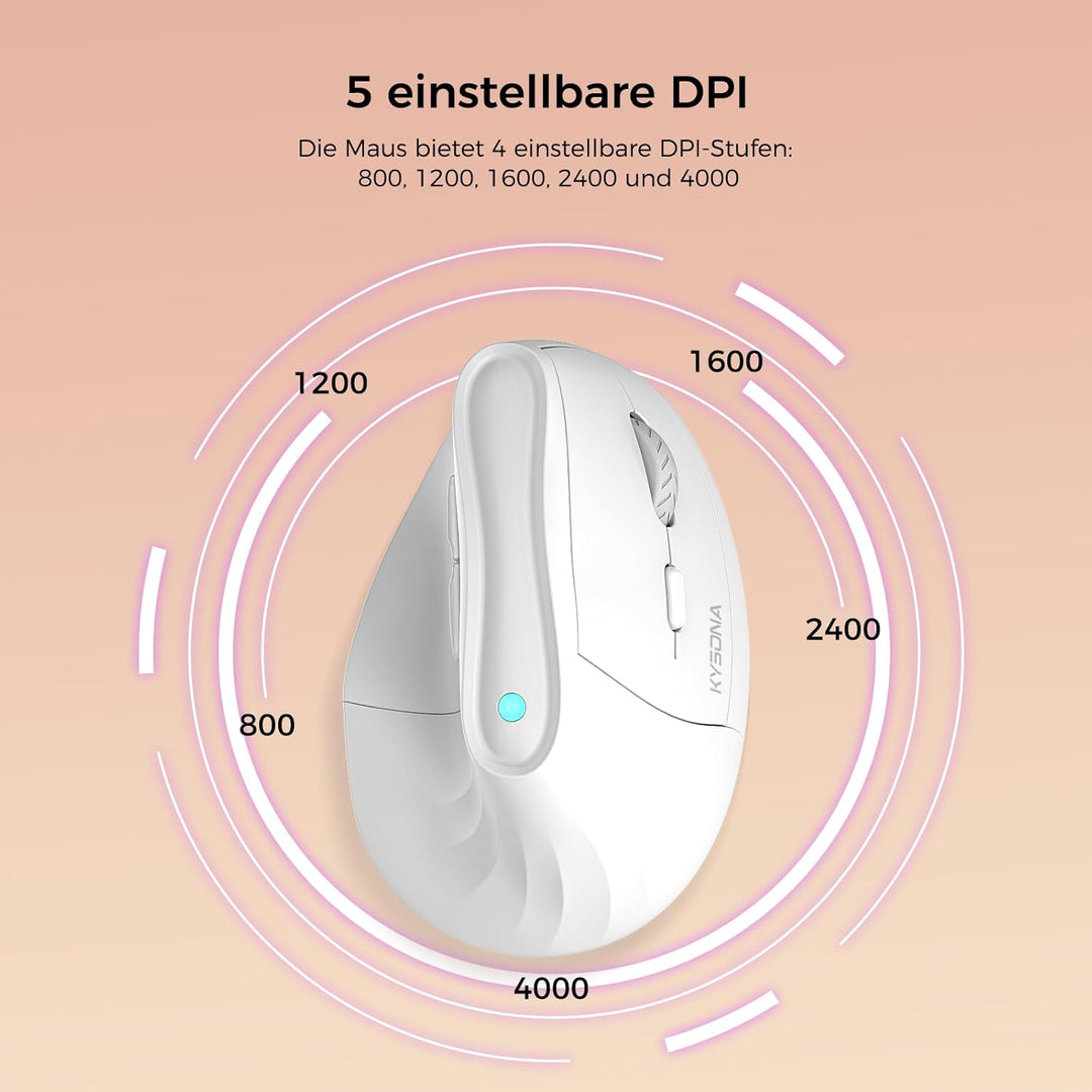 KYSONA Vertikale Ergonomische Maus 57°, Kabellos Bluetooth & 2,4 GHz, 5 DPI-Stufen, Leise Klicks, Ha