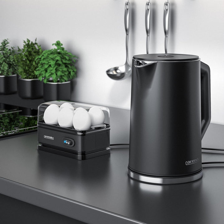 Arendo - Set Wasserkocher ELEGANT mit Eierkocher SIXCOOK Edelstahl Schwarz, Wasserkocher 1,5L 40° -