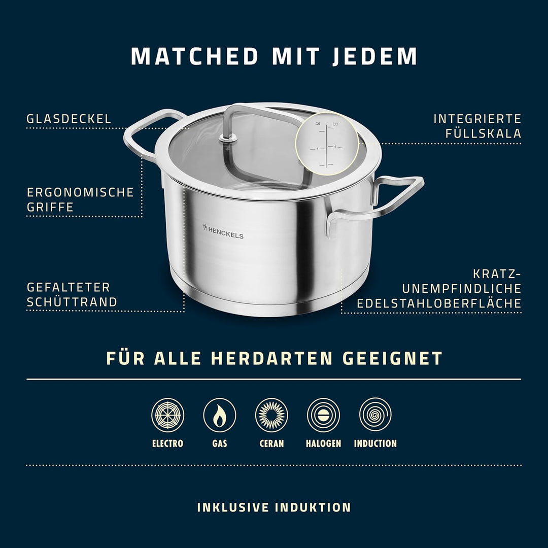 HENCKELS by ZWILLING Pulse Kochtopfset 5-tlg,Glasdeckel, 18/10 Edelstahl, für alle Herdarten inkl. I