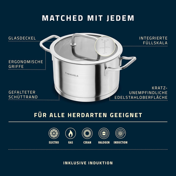 HENCKELS by ZWILLING Pulse Kochtopfset 5-tlg,Glasdeckel, 18/10 Edelstahl, für alle Herdarten inkl. I