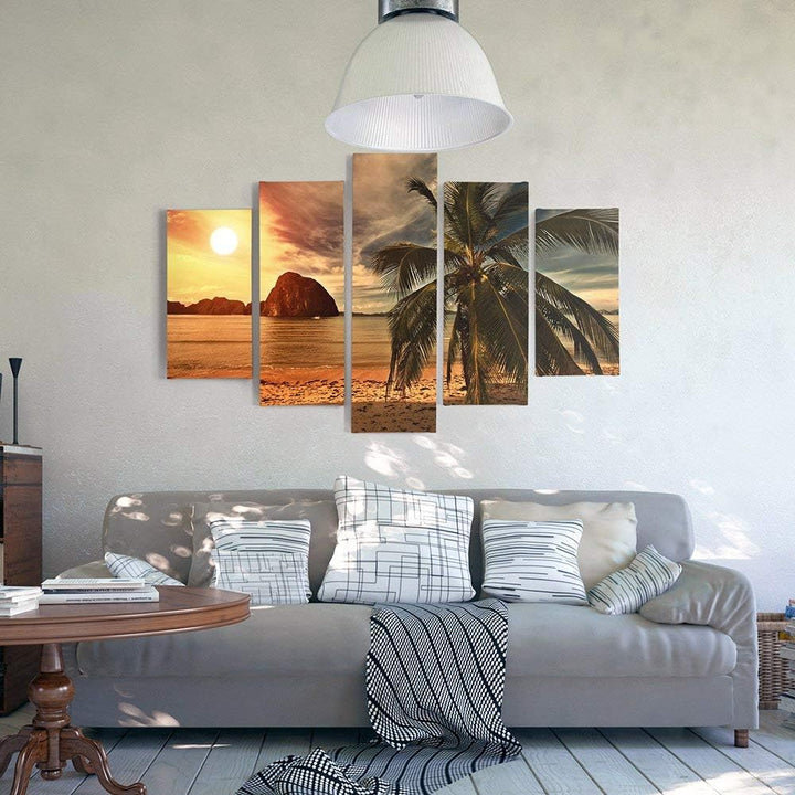 Feeby Frames, Leinwandbild Bilder Wand Bild - 5 Teile - Wandbilder Kunstdruck (PALME, SONNENUNTERGAN