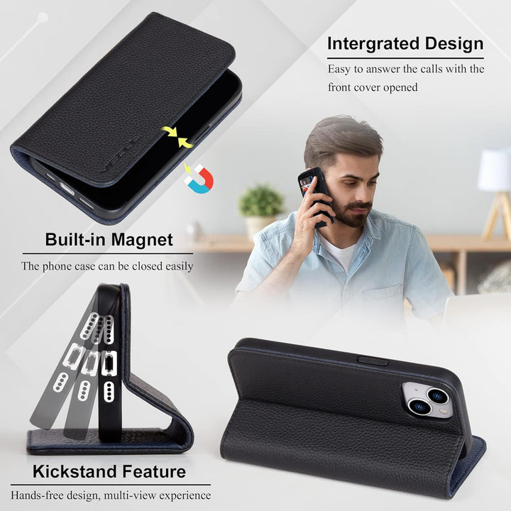 VISOUL Hülle für iPhone 14 Plus, Schutzhülle [Erstklassiges Rindsleder] [Schützt vor Stoss] [Kartenf