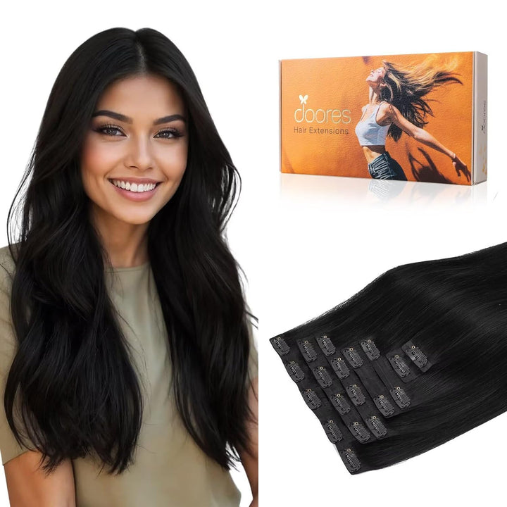 DOORES Echthaar Extensions Seamless, Tief Schwarz 35cm 14 Zoll 7 Stück 110g Remy Menschlich Clips in