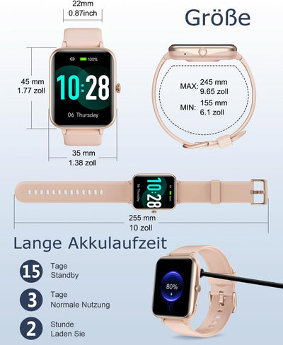 GRV Smartwatch für Damen Herren mit Telefonfunktion,Fitnessuhr mit Herzfrequenzmessung,SpO2,Schrittz