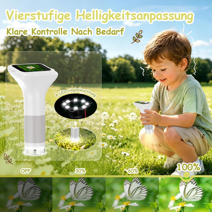 Digitales Mikroskop für Kinder 1000X, Abenteurer Mikroskop für Kinder mit 2 Zoll HD-Bildschirm, 8 LE