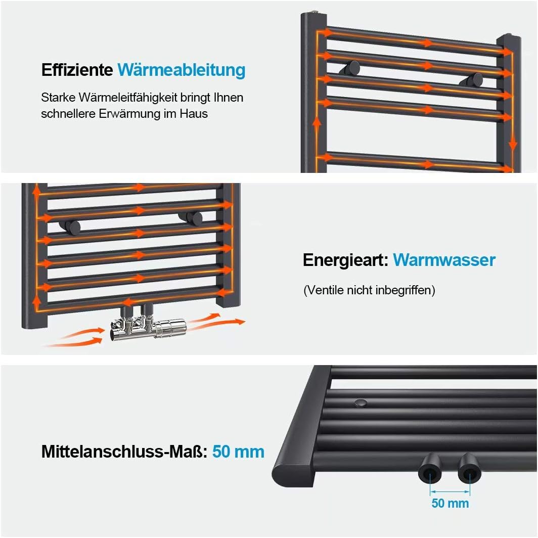 Heilmetz Handtuchtrockner Badheizkörper 1000 x 500 mm Anthrazit Handtuchheizkörper für Wasser Heizkö