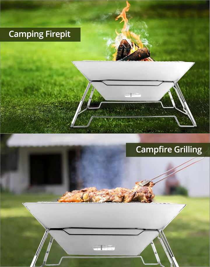 QWORK Faltbarer Camping Feuerschale Feuerkorb aus Edelstahl für Garten Camping Outdoor-Aktivitäten (