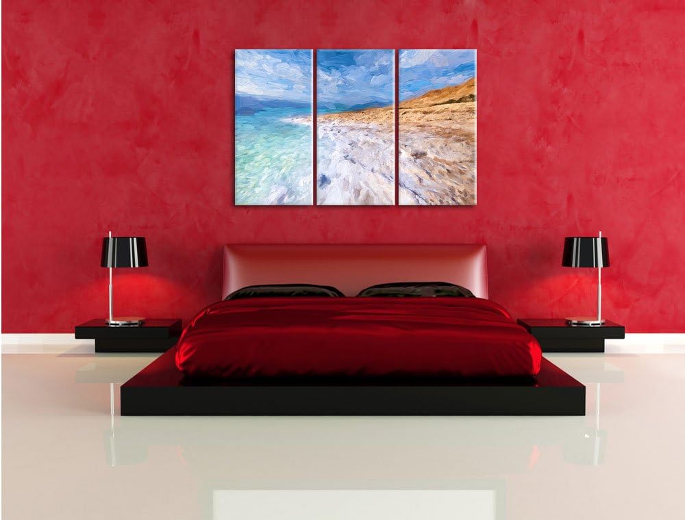 Pixxprint Das Tote Meer bei Tag Pinsel Effekt 3-Teiler Leinwandbild 120x80 Bild auf Leinwand