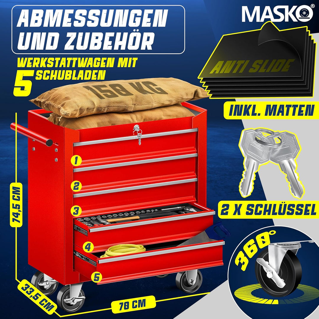 MASKO® Werkstattwagen - 5 Schubladen, Abschliessbar | Massives Metall | Mobiler Werkzeug-Wagen ohne