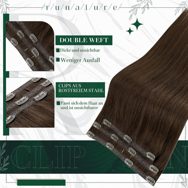 RUNATURE Echthaar Extensions Clip in Mittelbraun Echthaar Clip in Haarverlängerung Echthaar Braun Cl