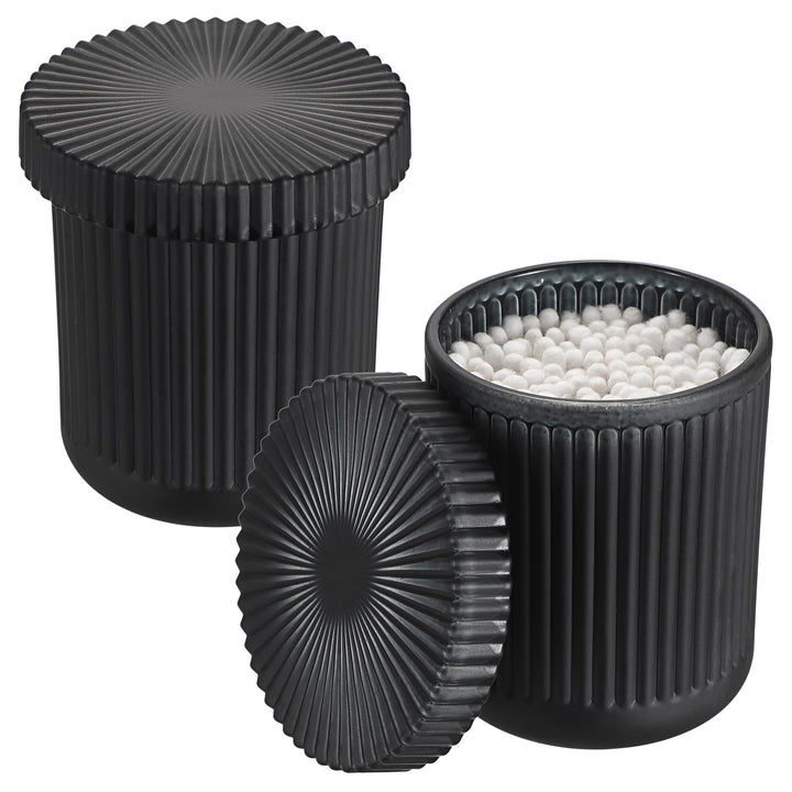 2 Pcs Schwarz Glas Wattepadspender Wattestäbchen Behälter mit Deckel Rund Schminktisch Organizer Was