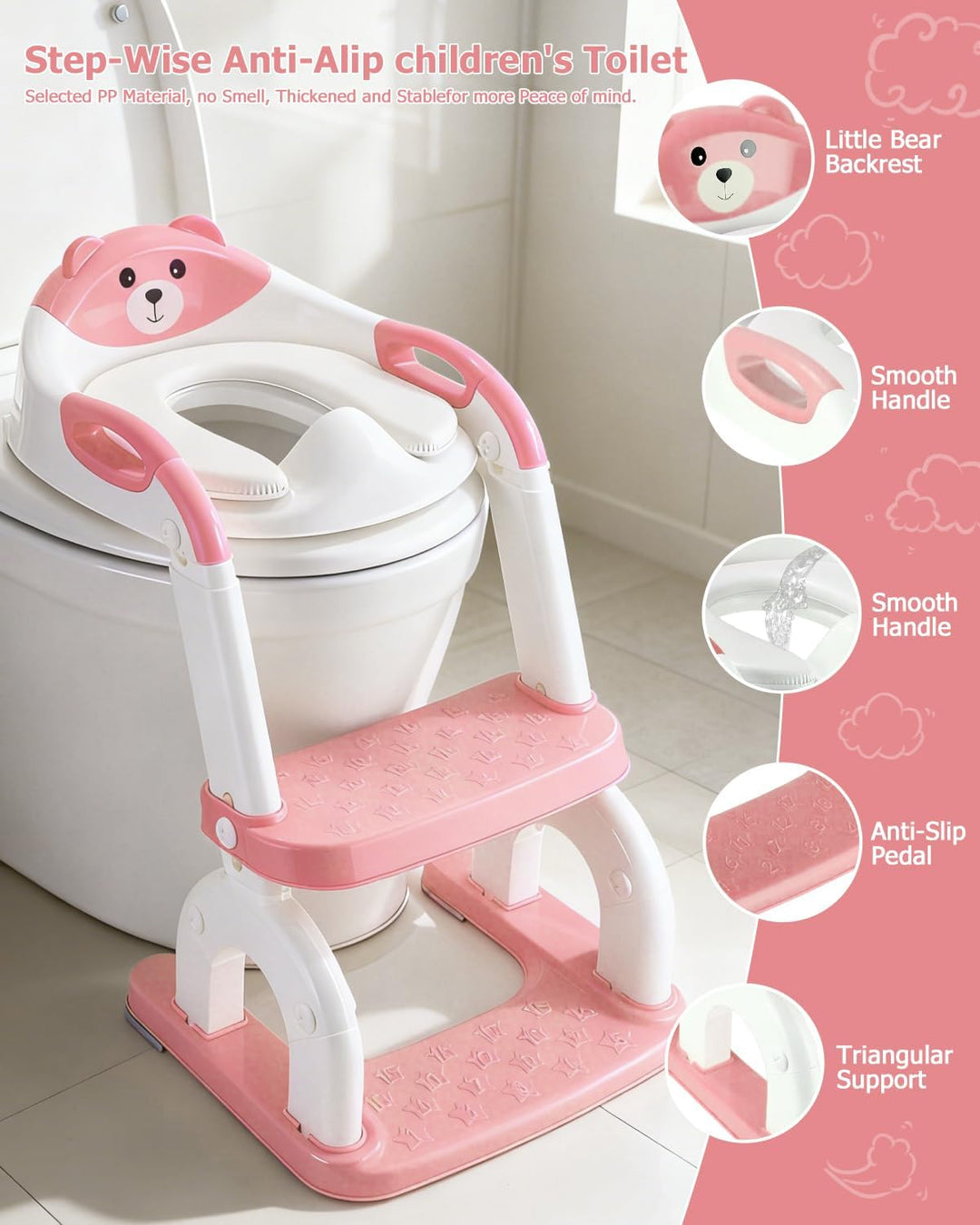 Toilettensitz Kinder mit Treppe,2in1 Höhenverstellbar Faltbarer Toilettensitz Kinder mit Gepolsterte