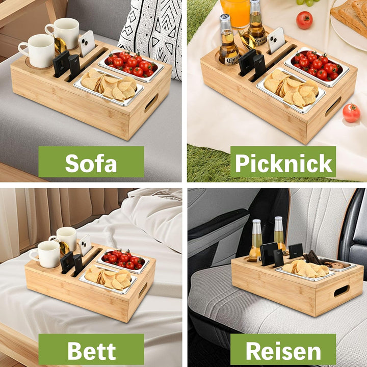 DE-COmmerce Bambus Couchbar, Schalen aus Edelstahl, Abnehmbarer Deckel, Snackbox, Sofatablett, Organ