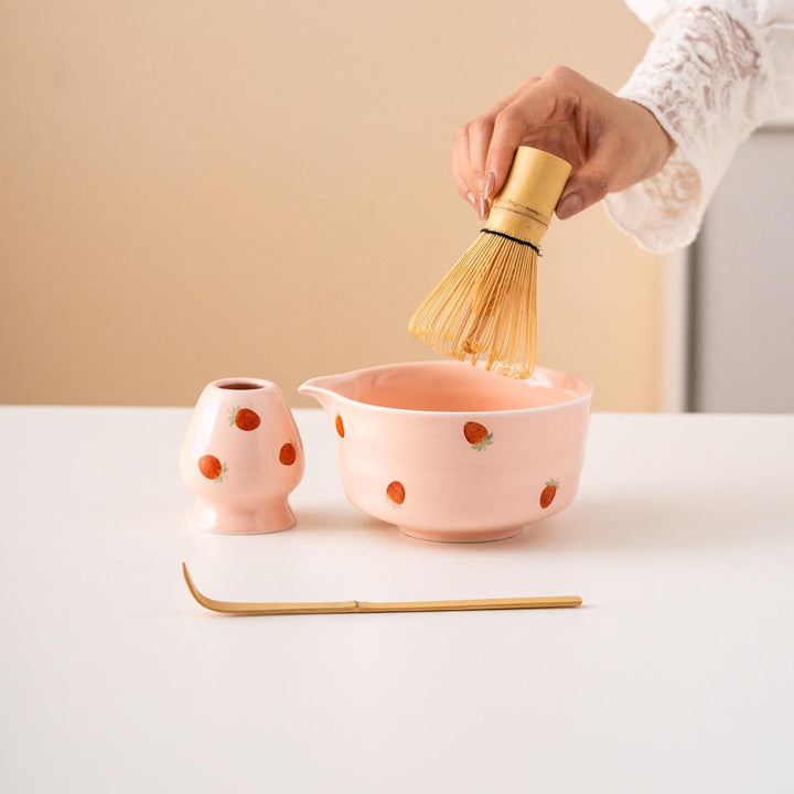 Matcha Set Rosa, Erdbeer Macha Tea Set, Japanisches Macha-Zeremonien-Set, Matcha Schale und Bambusbe