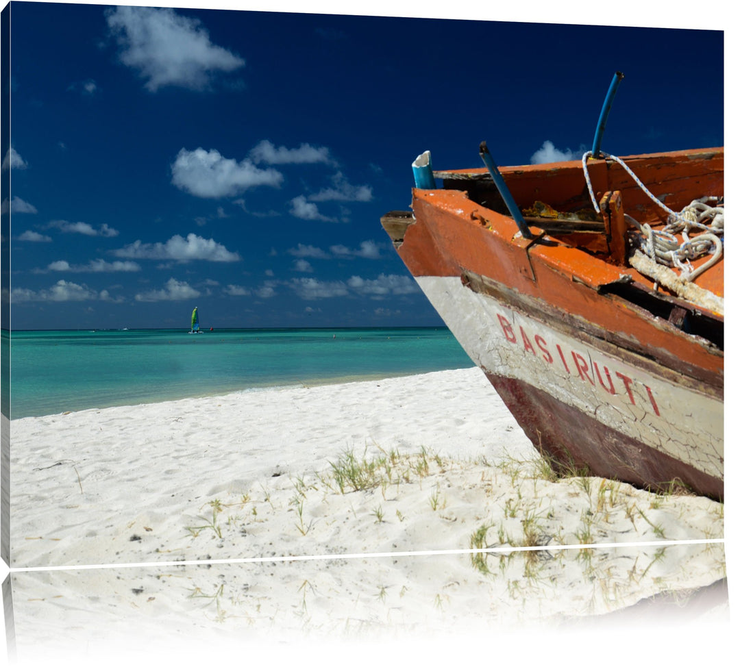 Pixxprint Boot am Strand auf Leinwand, XXL riesige Bilder fertig gerahmt mit Keilrahmen, Kunstdruck