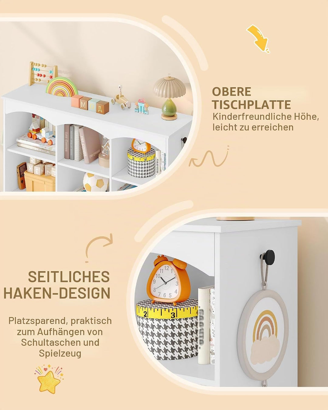 Hzuaneri Kinderregal 103 cm Breite, Kinderzimmer Möbel Weiss | Kinderregal mit 3 Rollboxen, 6 offene