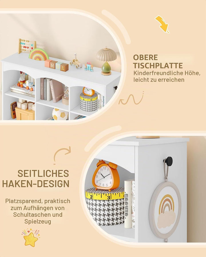 Hzuaneri Kinderregal 103 cm Breite, Kinderzimmer Möbel Weiss | Kinderregal mit 3 Rollboxen, 6 offene
