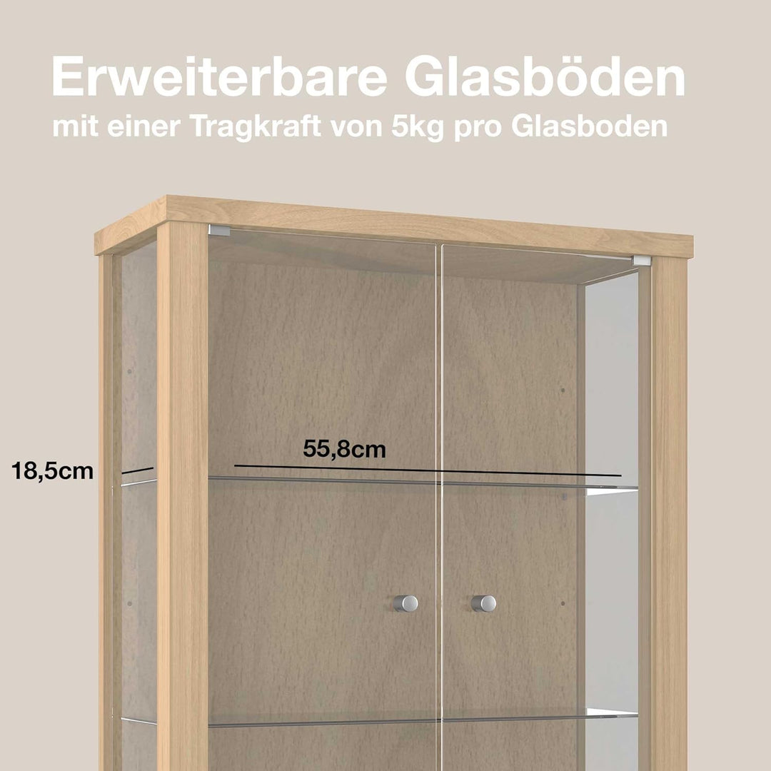 K-Möbel Hängevitrine Glas in Buche (80x60x25 cm) mit 2 höhenverstellbaren Glasböden - Modellauto Vit
