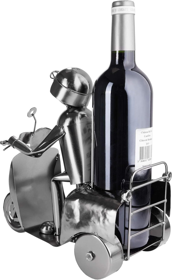 BRUBAKER Weinflaschenhalter Rollerfahrer Silber - Metall Skulptur Flaschenständer - 27 cm Metallfigu