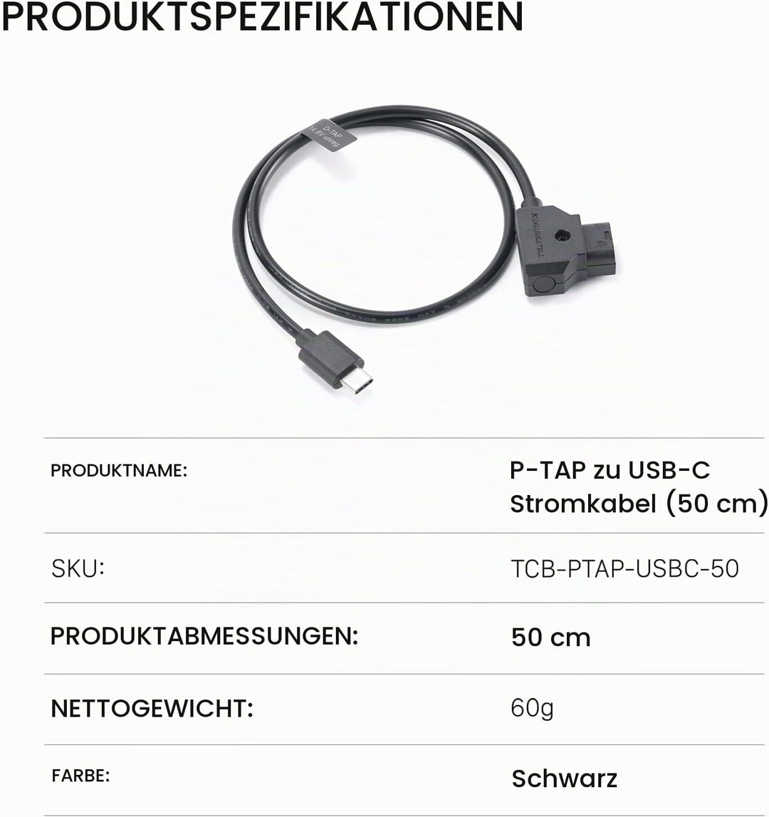 Tilta P-Tap auf USB- C Stromkabel (50cm), Nur Kompatibel mit dem Nano II Motor TCB-PTAP-USBC-50 P-Ta