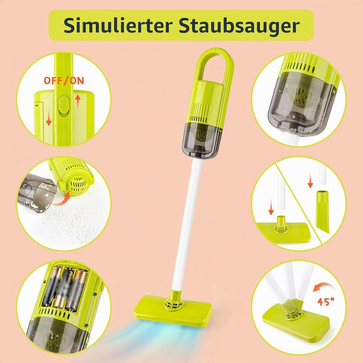 deAO Kinder Putzwagen ab 2 3 4 Jahre mit Wischmop, Eimer, Besen, Staubsauger, Bürsten, Kehrschaufel,