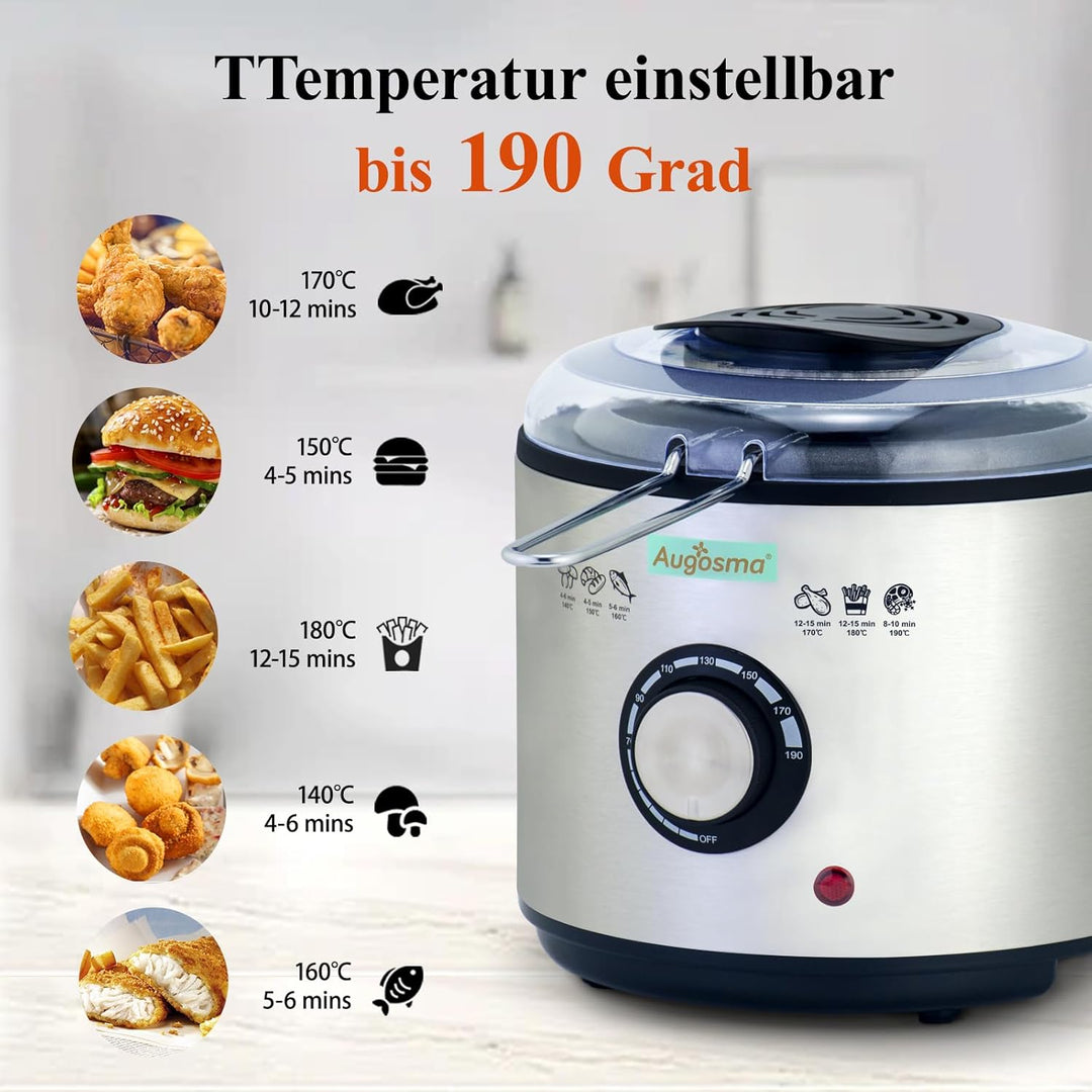 Augosma Mini Fritteuse Mit öl | 850-950W l Kapazität: 1 Liter l Sichtfenster l Frittierkorb aus Edel