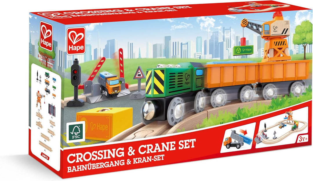 Hape Eisenbahnwelt Bahnübergang & Kran-Set, ab3 Jahren