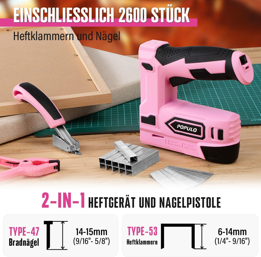 POPULO Akku Tacker, 2-in-1 Lithium-Ionen-Heftgerät, 4V Nagelgerät Set Mit Ladekabel, 2600 Heftklamme